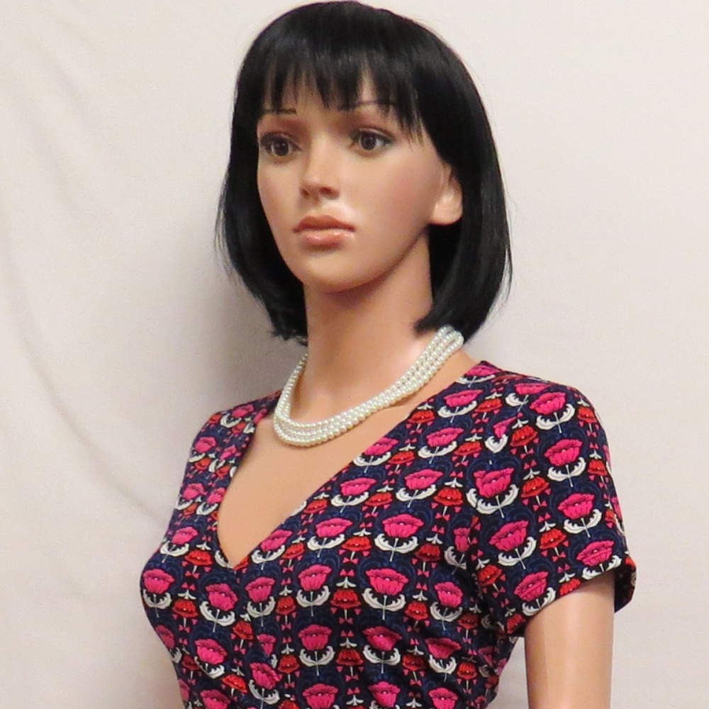 JONES NEW YORK Navy Red Pink Paisley Cap Sleeve Stretch Dress S